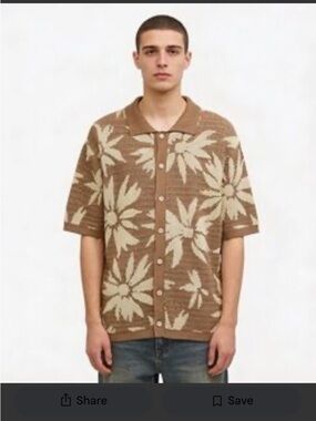 Massive Luxury Edition Sunflower Knit Button Up Mauve Crochet Style Polo Size M